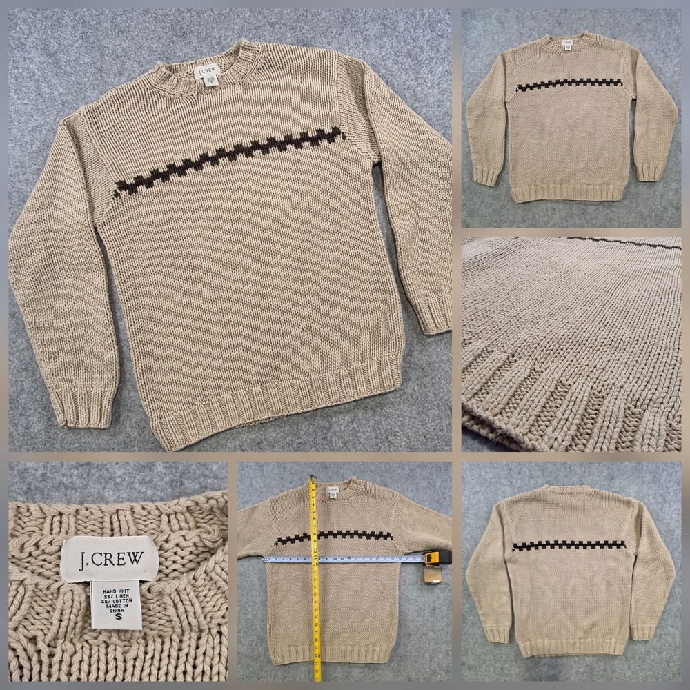 J.Crew Sweater Mens Small Beige Linen Cotton Chunky Knit Geometric Pullover